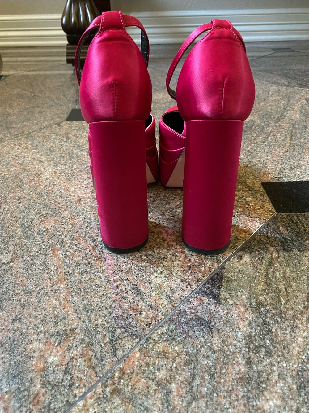 Miss Marisa Fuchsia Satin Platform Block Heel Sandals with Ankle Strap